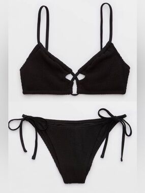 NWT Aerie FULL SET Crinkle Lace Up Top + Tie Bottom in Black - Sz XS